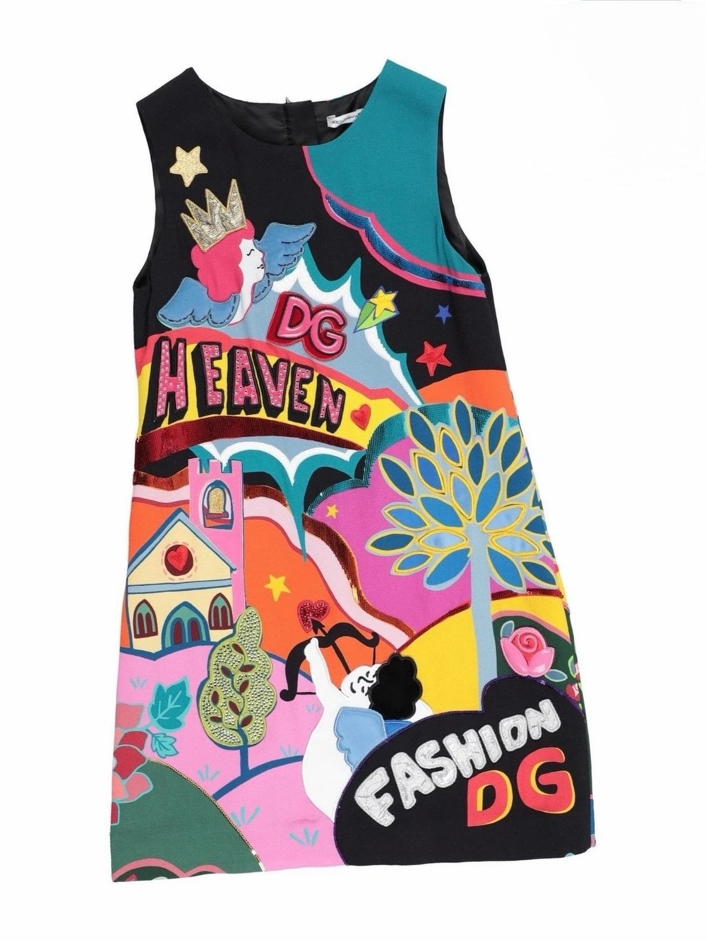 Dolce & Gabbana Black Lined Dress with Orange and Gold Embellishment